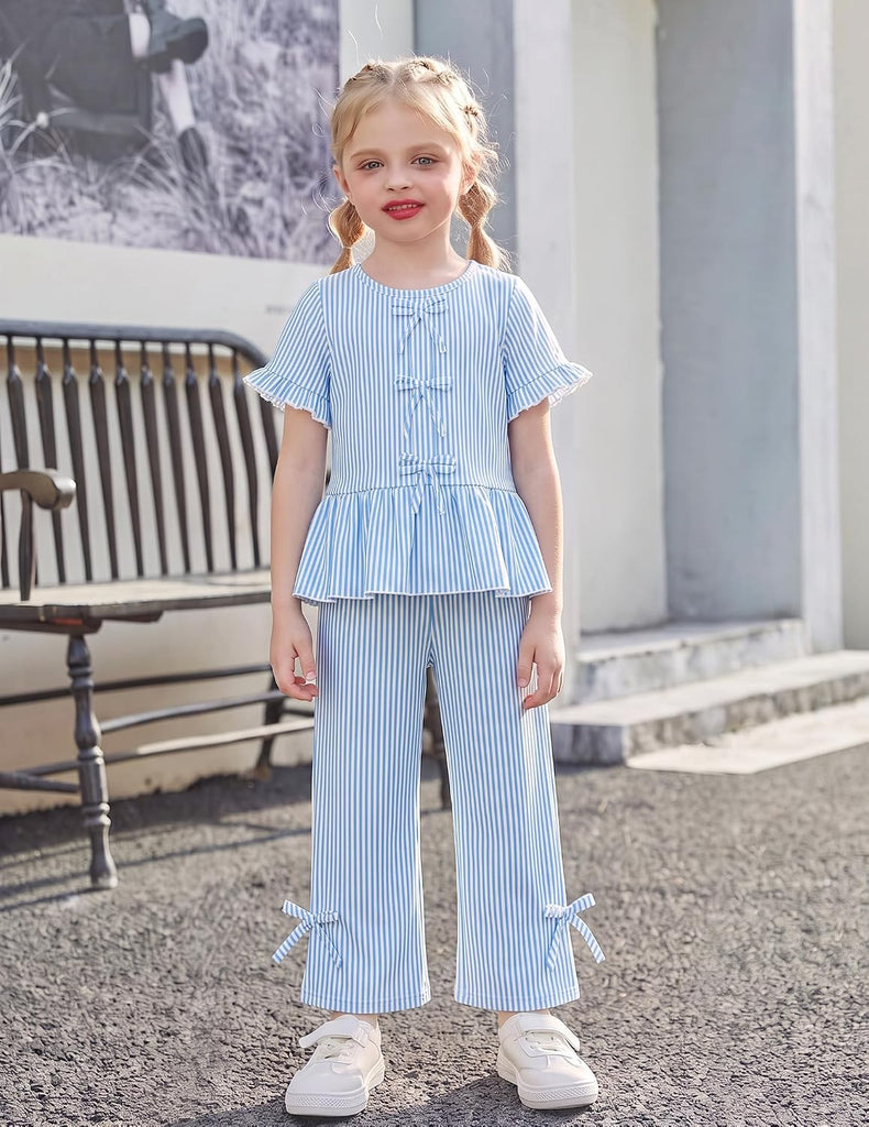 Girls Clothes 2 Piece Outfits Butterfly Knot Top and Wide Leg Pant