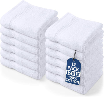 12 Pack Premium Wash Cloths, 12x12 in, 100% Cotton, White