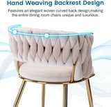 KCC Modern Velvet Dining Chairs Set of 2, Upholstered Living Room Chair with Woven Back and Golden Metal Legs