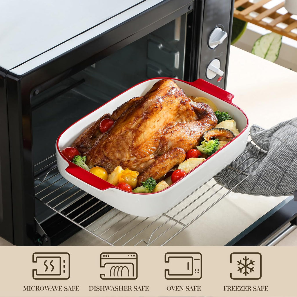 Ceramic Casserole Dishes Set of 3, Red Trim Dish for Oven | 9x13 Rectangular Lasagna Pans with Handles, Microwave