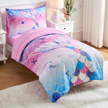 Mermaid Tail Toddler Bedding Set for Girls, 4 Piece Glitter Toddler Comforter Bedding with Soft Toddler Comforter