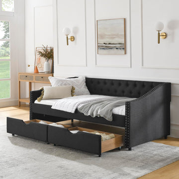 Linen Upholstered Twin Daybed with Two Storage Drawers, Twin Size Button Tufted Sofa Bed Daybed with Nailhead Trim