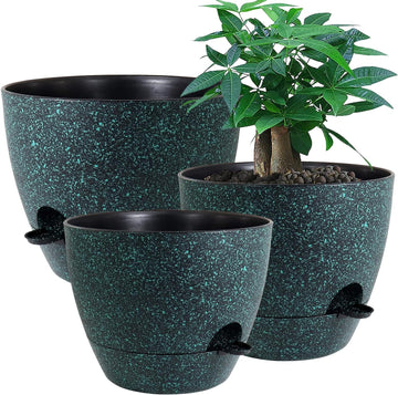 Large Self Watering Pots, 12/10/9 Plastic Planters with High Drainage Holes and Deep Reservoir for Indoor Outdoor
