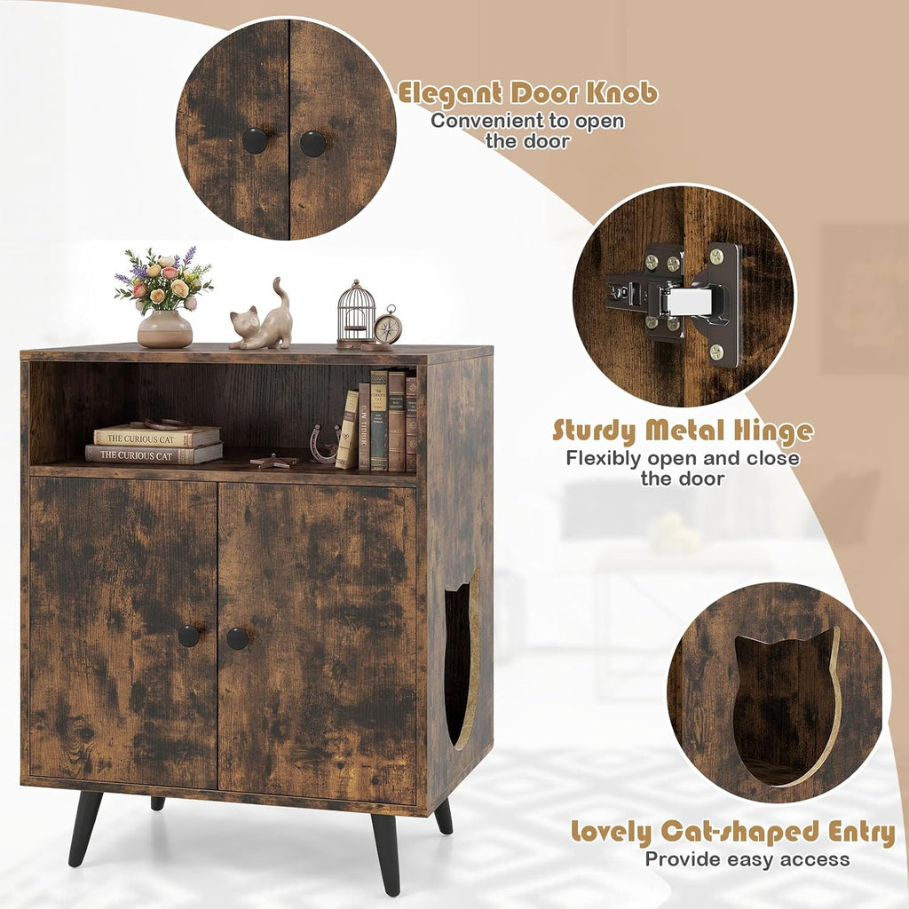 Cat Litter Box Enclosure, Wooden Enclosed Litter Box with Shelves, Hidden Litter Box Furniture End Table (Rustic