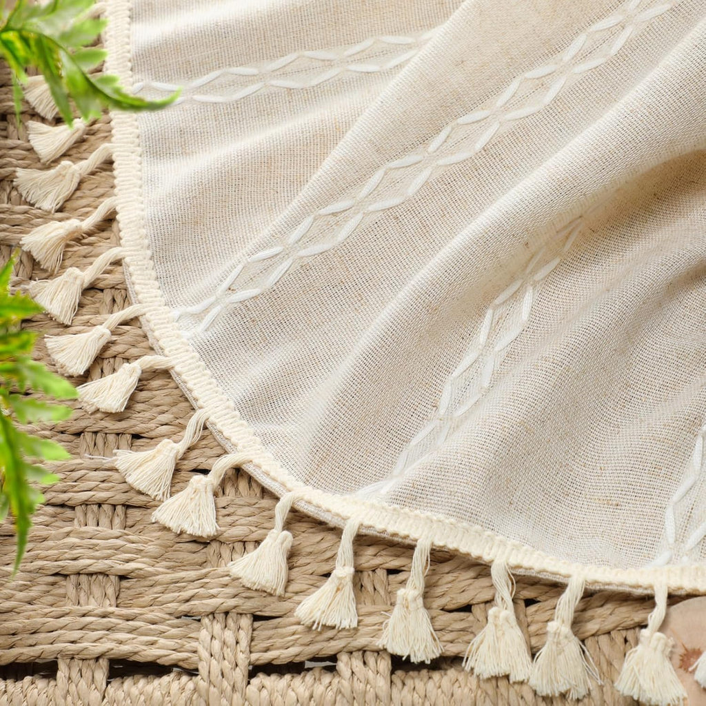 Boho Blackout Curtains 2 Panels 84 Inch for Living Room Bedroom, Beige Linen Texture Farmhouse Curtains with Tassels