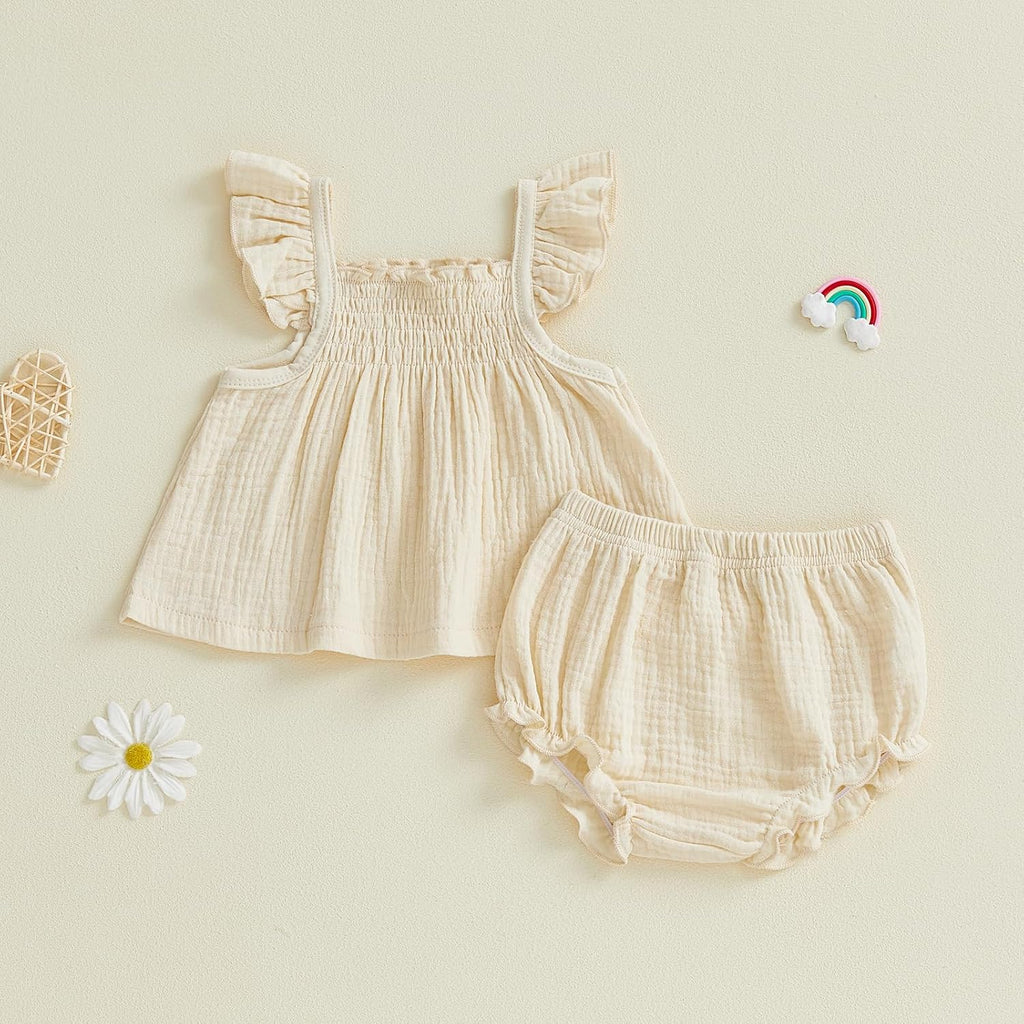 Baby Girl Summer Clothes Cute Basic Plain Cotton Linen Ruffle Tops Dress Shorts Outfits Set Shirt Princess Outfit
