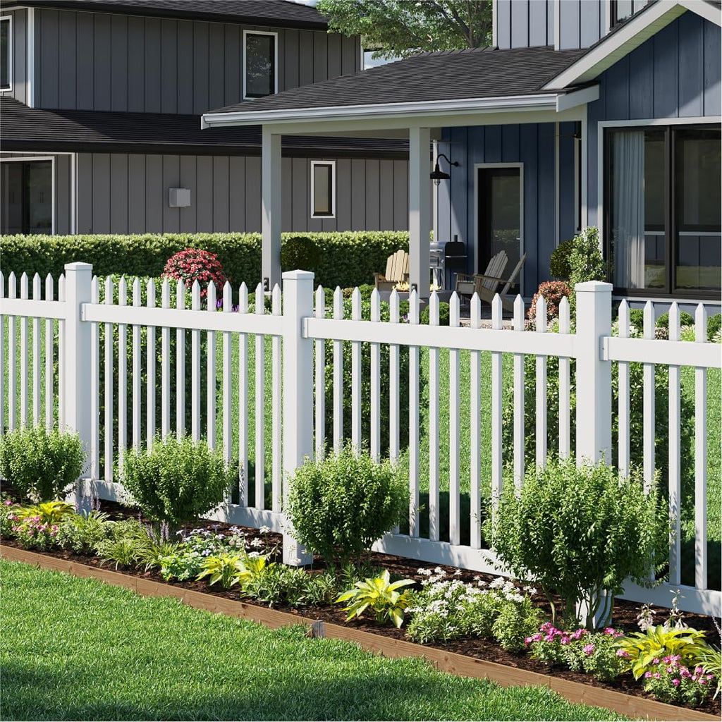 4ft H x 6ft W (1 Panel + 1 Post) No Dig Nantucket Fence Kit, White Vinyl Picket Fence Panel, Easy DIY Installation Panel Kit