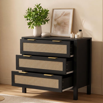 3 Drawer Dressers, Rattan Dresser with Drawers, Modern Wood Dresser with Metal Handles, Chest of Drawers (Black-3