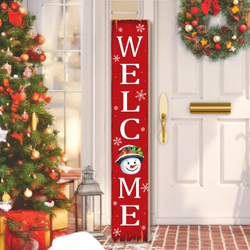 Christmas Snowman Porch Sign, 47.2 x 7.8 Inch Wooden Welcome Sign, Large Vertical Winter Front Door Decor for Covered