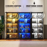 Display Cabinet with Doors and Adjustable Shelves, 65" Tall Bookcase with LED Lights/Human Sensor