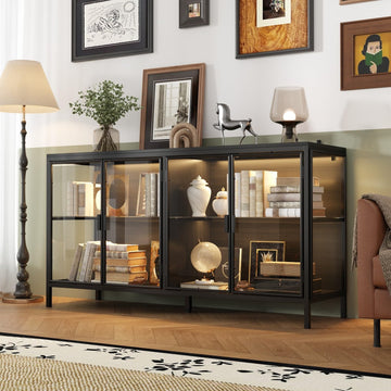 Display Cabinet with Glass Doors & LED Lights, Sideboard Buffet Cabinet with Glass Shelves & Metal Frame, Black