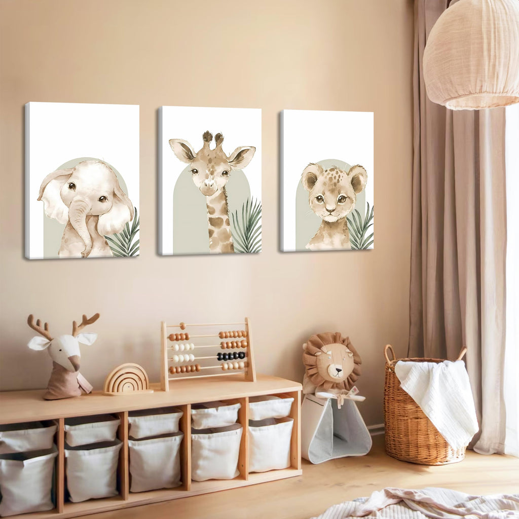 Nursery Wall Decor Set of 3, Cute Animal Lion Elephant Baby Pictures Poster Prints, Giraffe Jungle Canvas Wall Art
