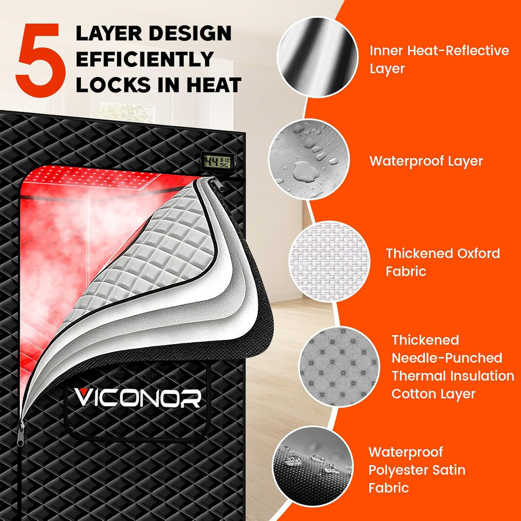 Viconor Red Light Sauna, Portable Steam Infrared Sauna with 660nm & 850nm Red Light Therapy for Home