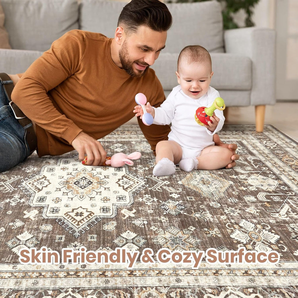 Vintage Living Room Area Rug 10x14 - Large Soft Washable Oriental Traditional Distressed Farmhouse R