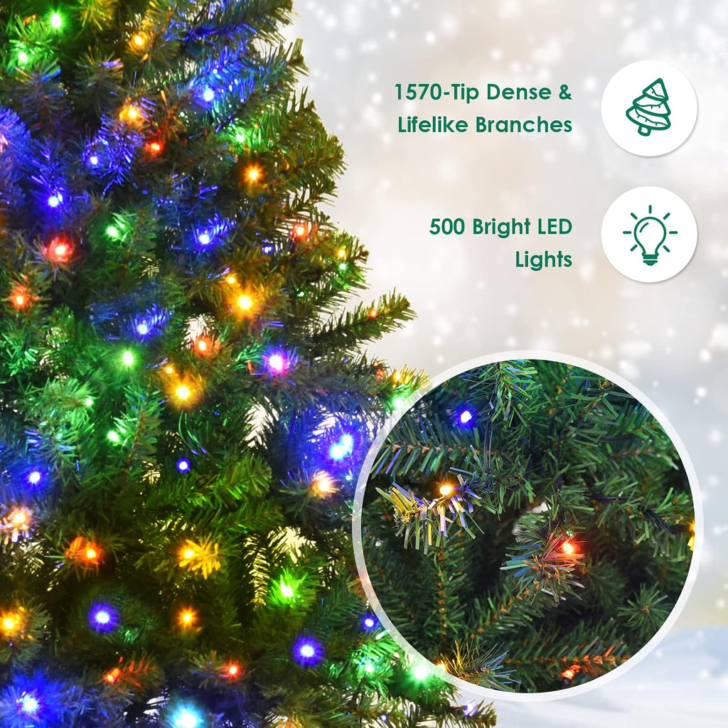 7 FT Pre-lit Christmas Tree, Artificial Holiday Xmas Tree | 500 Warm White & Multicolored Lights, 11 Modes, 1570