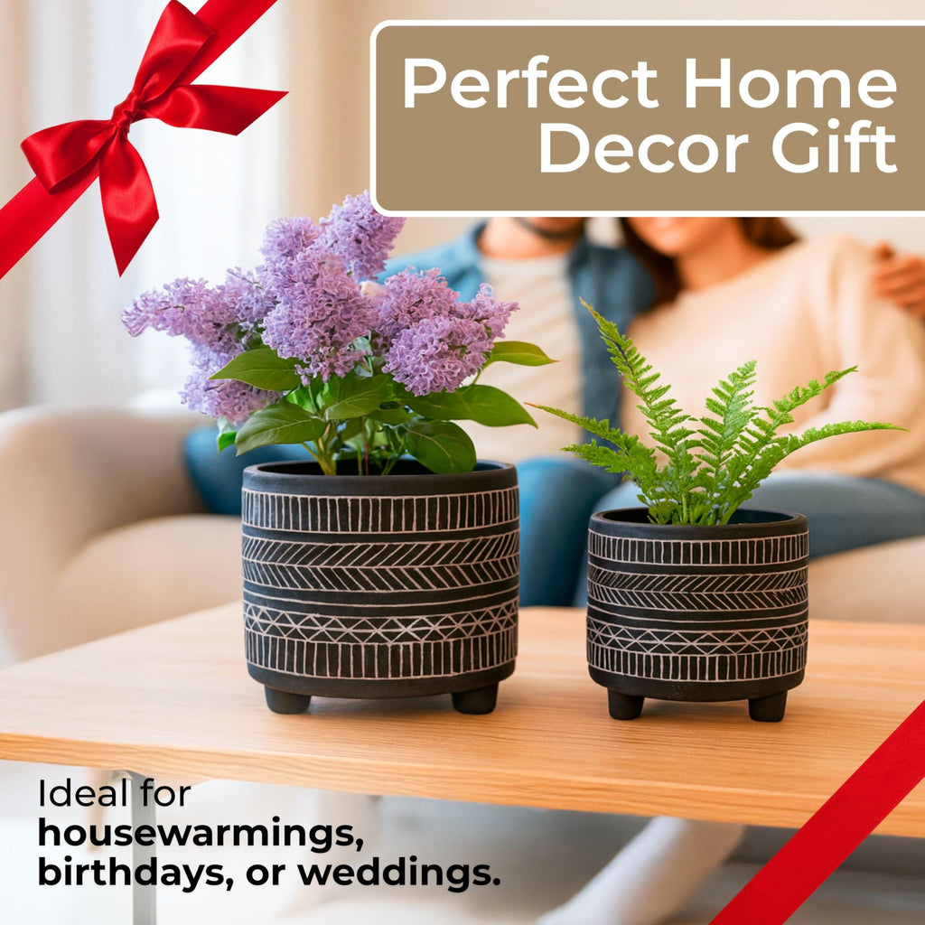 Set of 2 Tribal Look Footed Decorative Planter Pot - Ceramic Stoneware Outdoor and Indoor Plant Pot - Modern Garden