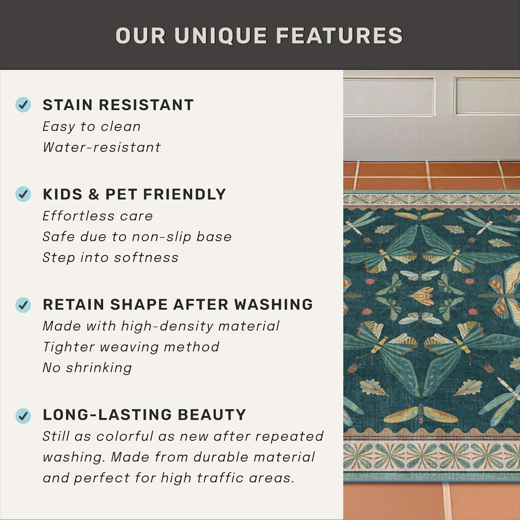 Teal 3x5 Entryway Rug - Door Rug Indoor for Large Kitchen, Living Room, Washable Low Pile Insect Déc