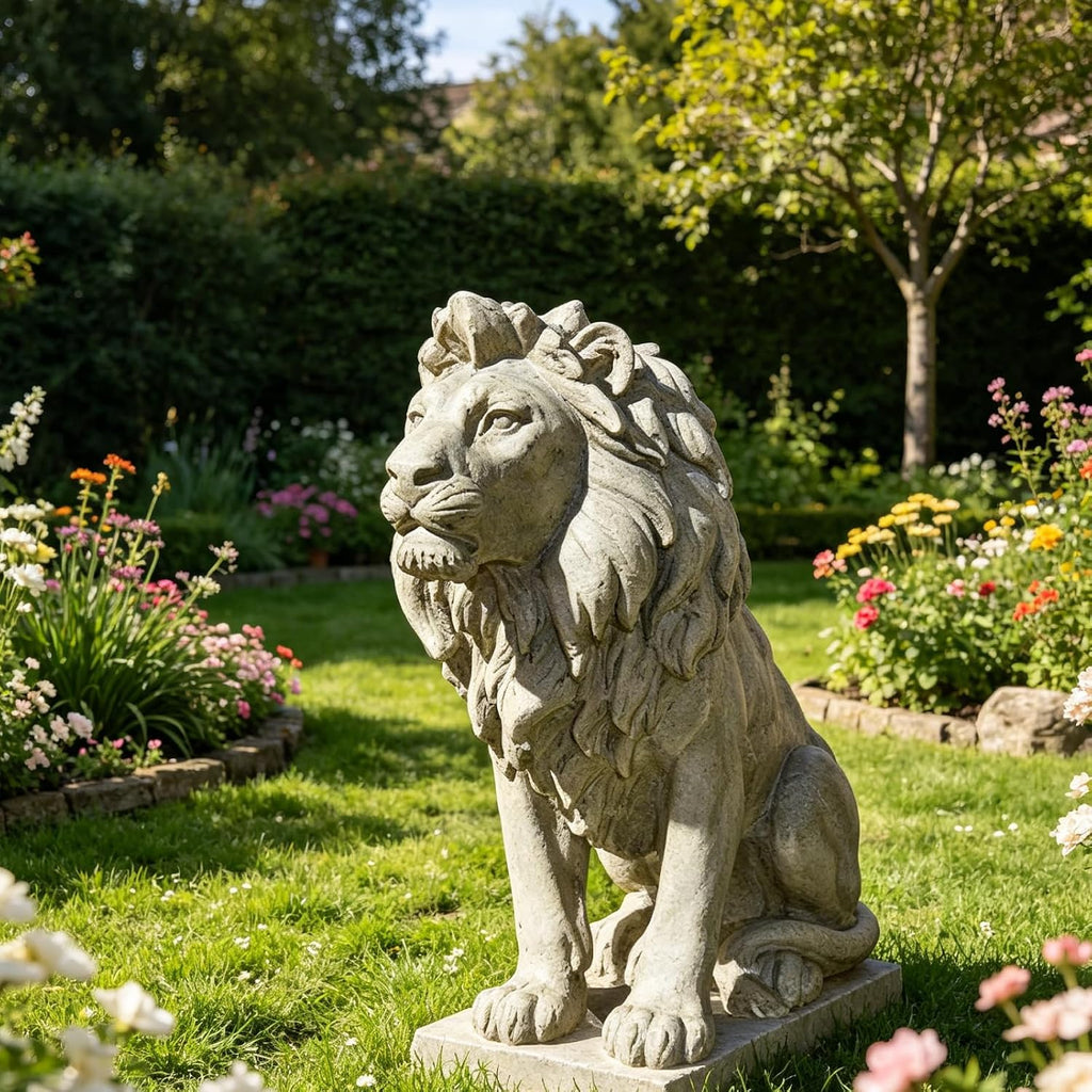 Garden Outdoor Statues Lion Statue - 20Inch Garden Decor Statue Antique Lion Stone with Long Hair Outdoor Indoor