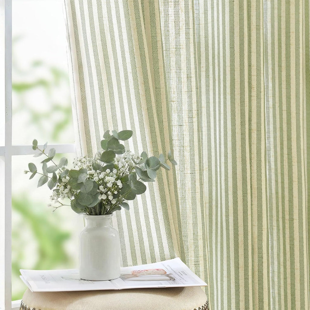 Linen Curtains for Living Room Sage Green on Beige Striped Curtains for Bedroom Ticking Stripe Pattern Light