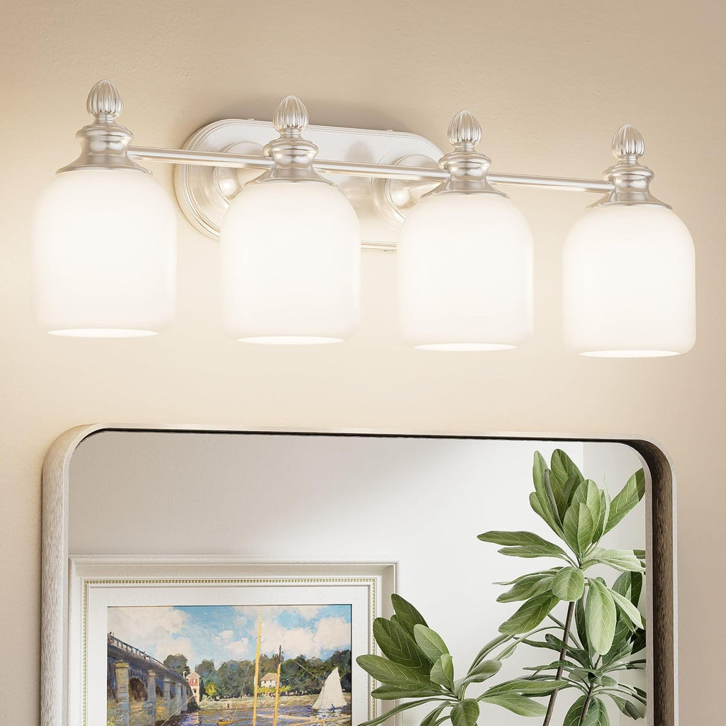 4-Light Brushed Nickel Vintage Bathroom Light Fixtures Over Mirror | 2X Thicker Frosted Glass Shade, UL Listed E26