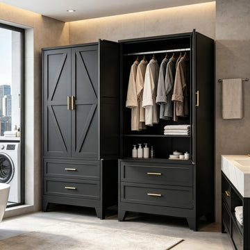71" H Black Armoire Wardrobe Closet with Drawers, Metal Wardrobe Closet with Doors and Shelves, Tall Wardrobe Closet