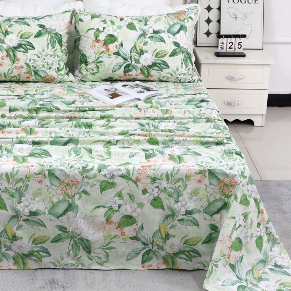 Green Floral Sheet Set Cal King, 100% Cotton Pink Flower Printed Sheets College Sheets Botanical Shabby White Floral