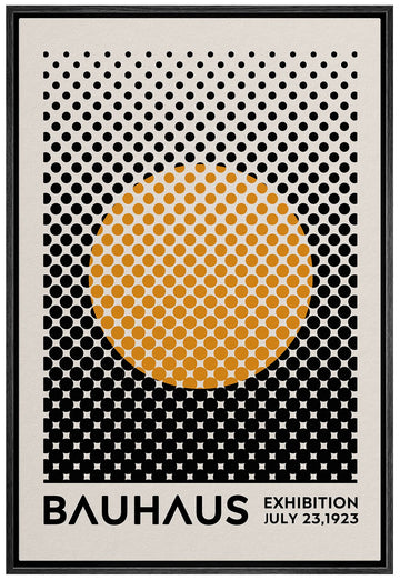 Framed Canvas Print Wall Art Mid-Century Bauhaus Black Orange Grid Dot Sun Shapes Abstract Illustrations Modern Art