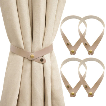 PU Leather Curtain Tiebacks, No Drill Holdbacks, Beige, 4 Pack