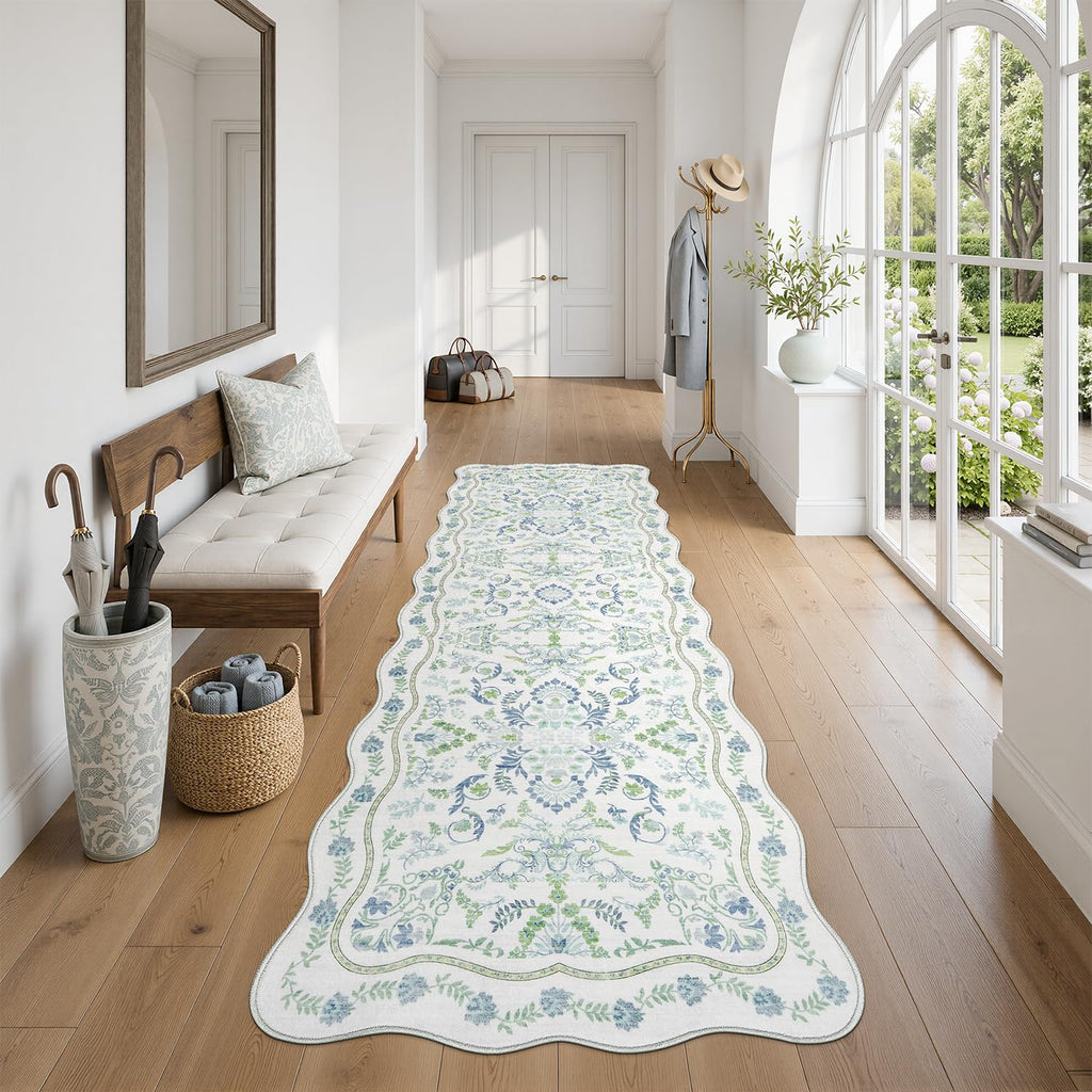 Blue and Green 2x6 Runner Rug, Washable Botanical Scalloped Rug