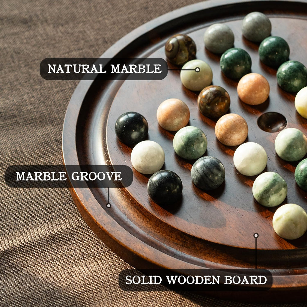 Deluxe Solitaire Game Set: 12.6'' Solid Wooden Board, 32 Natural Marble Balls, Single-Player Strategy and Smart Games
