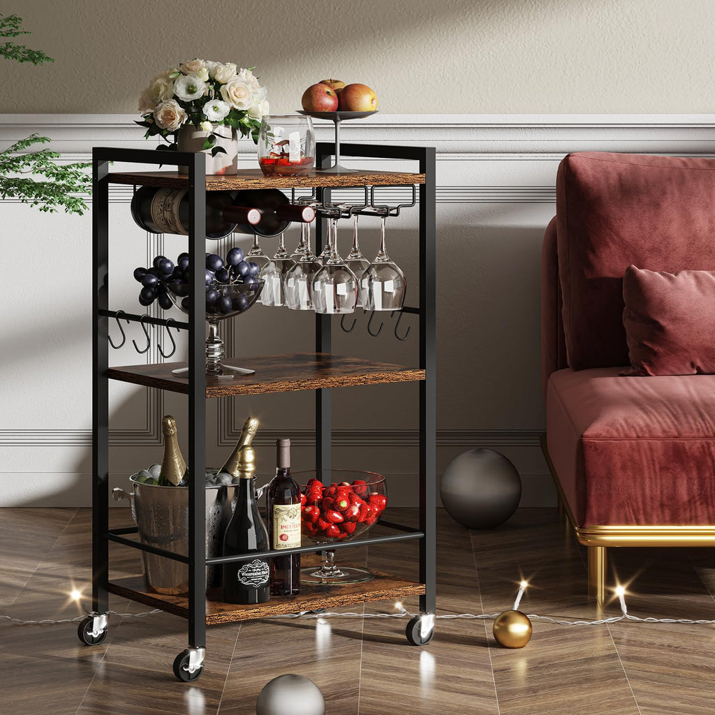 Bar Cart with Wheels, Mini Drink Cart with Wine Rack & Glass Holder