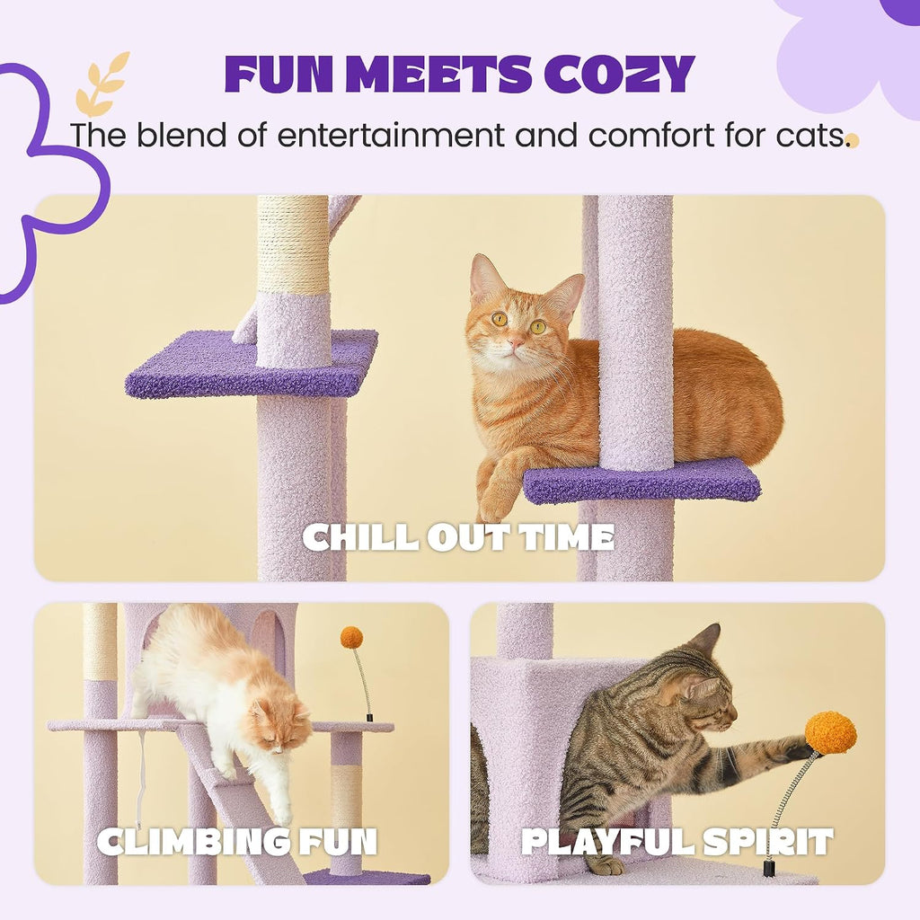 Flower Cat Tree for Indoor Cats, 63.8 Inches Multi-Level Cat Tower with Sisal-Covered Scratching Posts, Padded