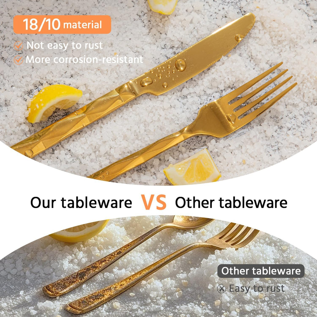 Gold Silverware Set, Luxury 40-Piece Flatware Set for 8, 18/10 Stainless Steel Cutlery Set with Diamond Cut Pattern