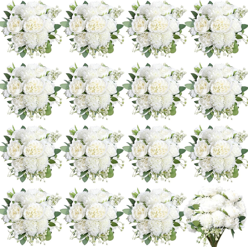 16 Bundles Peonies Artificial Flowers Bulk - White | Silk Faux Peony, Floral Arrangements Fake Peonies, for DIY