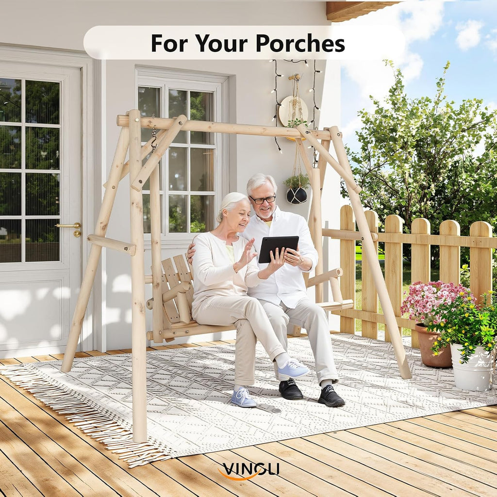 880 LBS Wooden Porch Swing with A-Frame Stand, Natural Outdoor Swing | Heavy-Duty Wooden Swing; Sturdy A-Frame Stand;