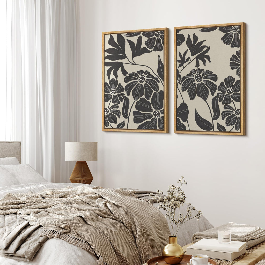 Framed Canvas Print Wall Art Monochrome Floral Botanical Black and White Illustrations Modern Art Decorative Bohemian