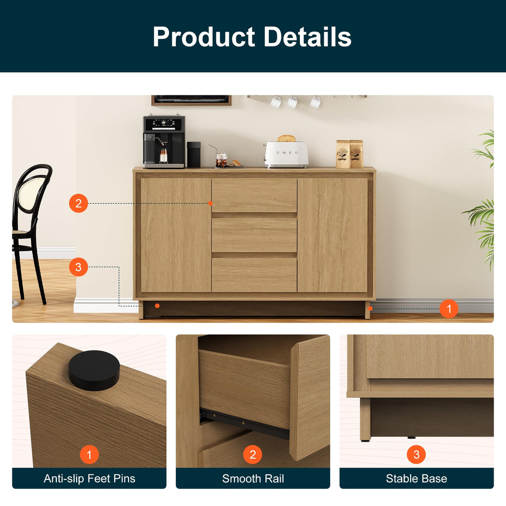 Buffet Cabinet with Storage, Modern Wood Sideboard Credenza with 2 Doors and 3 Drawers, Coffee Bar Cabinet with