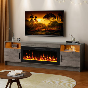 For 65-80 inch TV, Large Entertainment Center with Fireplace & LED Lights, High Gloss Living Room Storage Cabinet