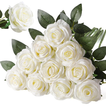 Artificial Silk Rose Flower Bouquet Lifelike White Fake Rose for Wedding Home Party Decoration Event Gift 10pcs (Off
