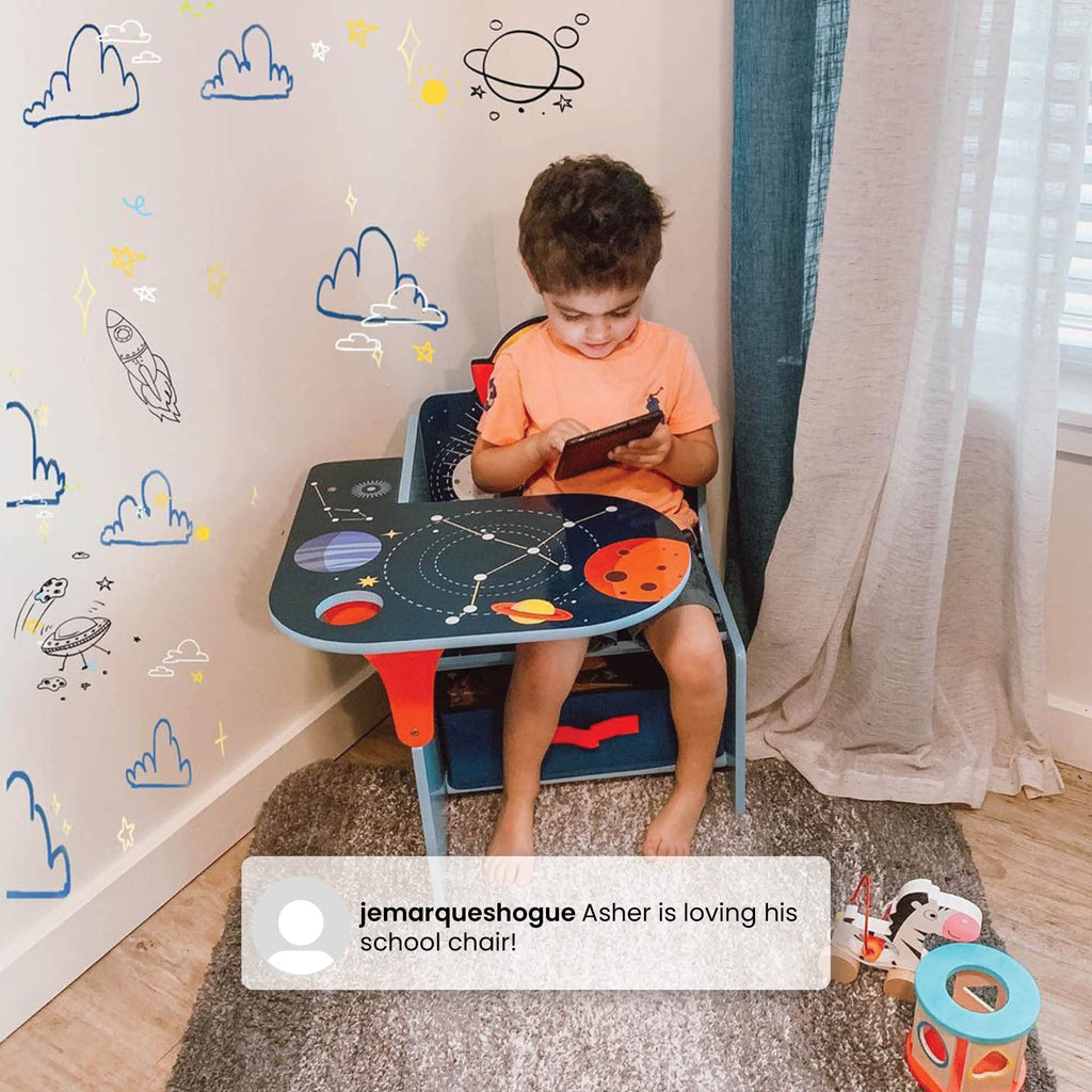 Children Space Adventures Chair Desk with Storage Bin - Ideal for Arts & Crafts, Snack Time, Homeschooling, Homework