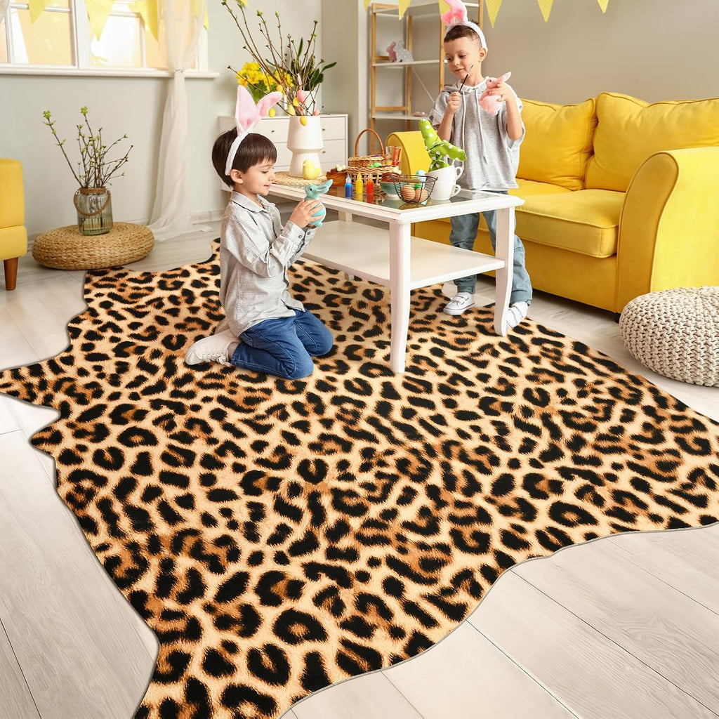 Luxury Faux Leopard Print Rug 5. .2 Ft - Western Cheetah Area Rugs, Farmhouse - Premium Western Faux Fur Carpet