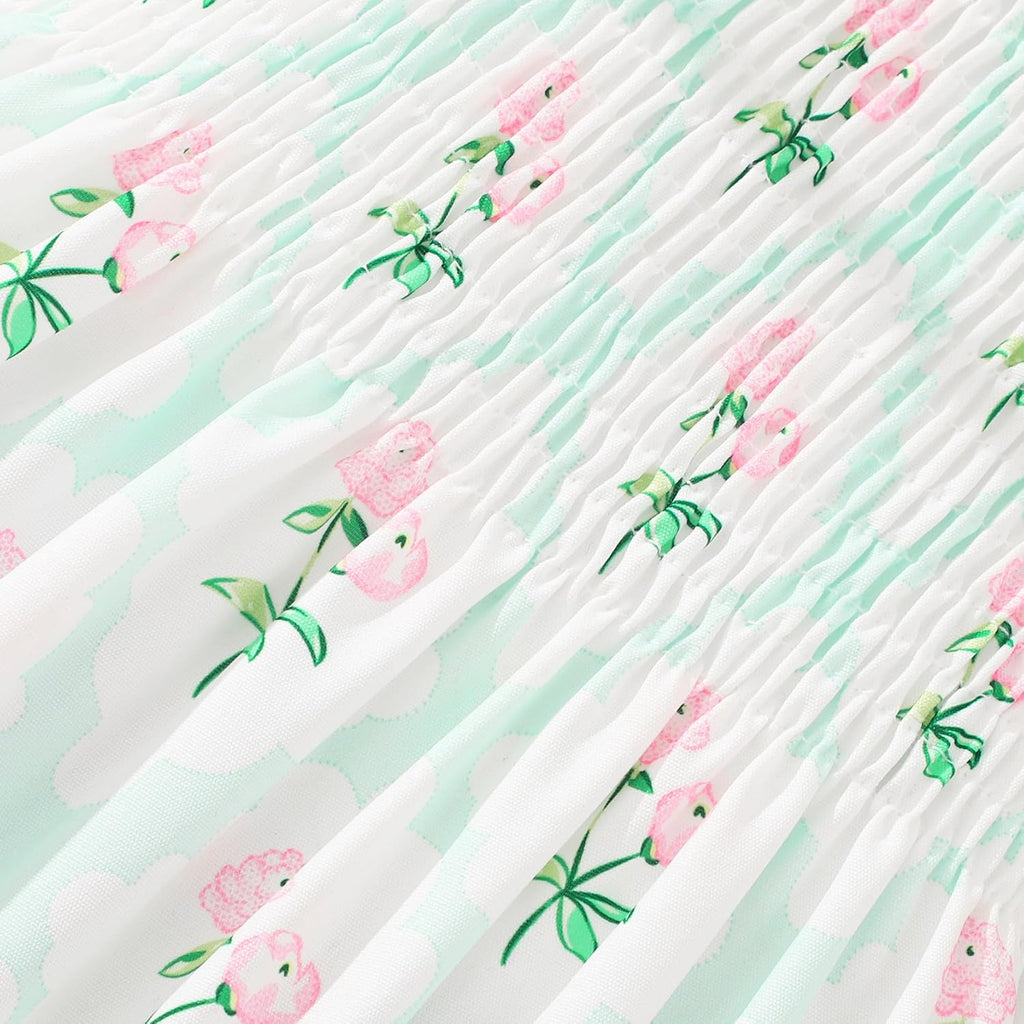 Toddler Baby Girls Summer Floral Dress Kids Puff Sleeve Square Neck Smocked Flowy Sun Dresses