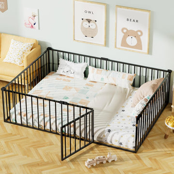 Metal Floor Bed Frame with Safety Guardrails & Door, Montessori Bed Frame, Metal Montessori Floor Bed for
