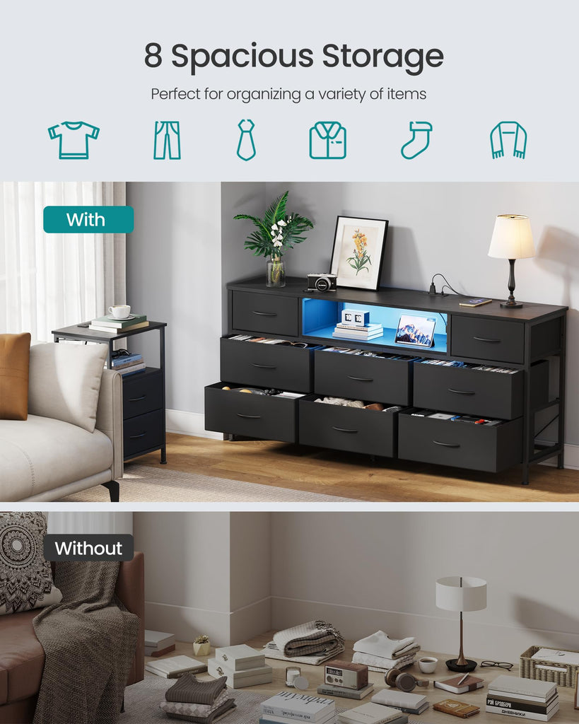 Dresser with Outlets & LED Lights, 8 Fabric Drawers