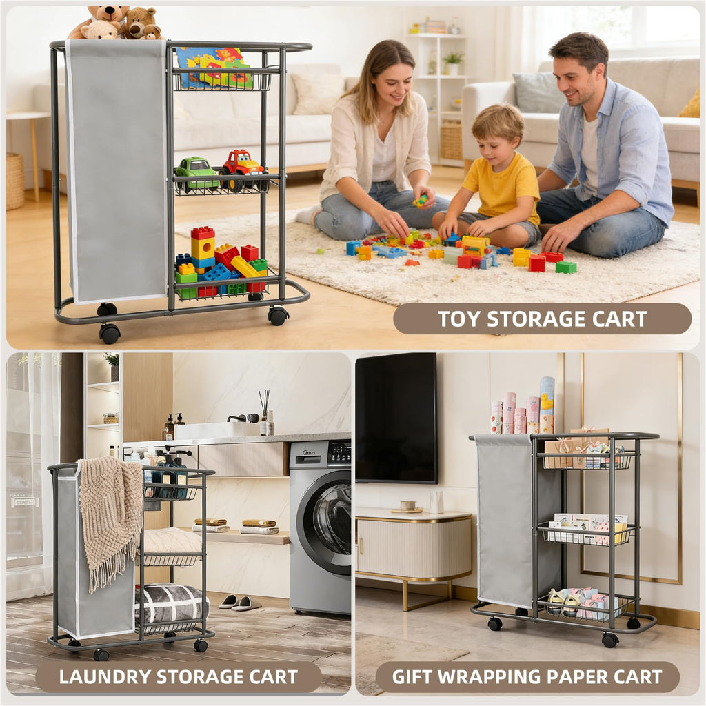 Skinny 3-Tier Rolling Laundry Cart with Wheels 45L Small Space, Grey