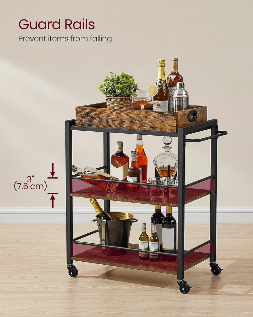 Kitchen Serving Cart with Removable Tray, 3-Tier Kitchen Utility Cart on Wheels with Storage, with Brakes, Leveling