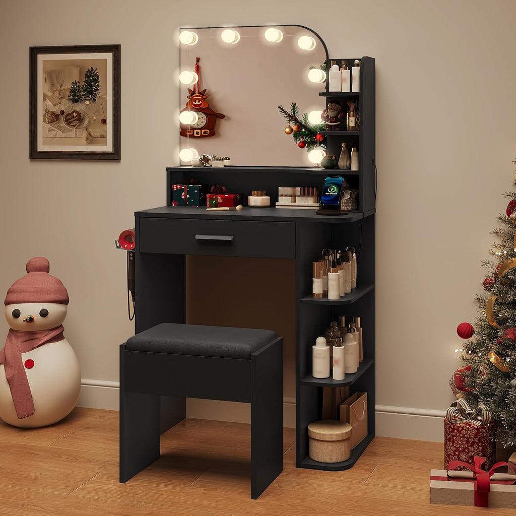 Black Vanity, Set with Big Mirror, Lights & Chair, for Girls | Small footprint, huge storage, 14.2×26.5×54.4"