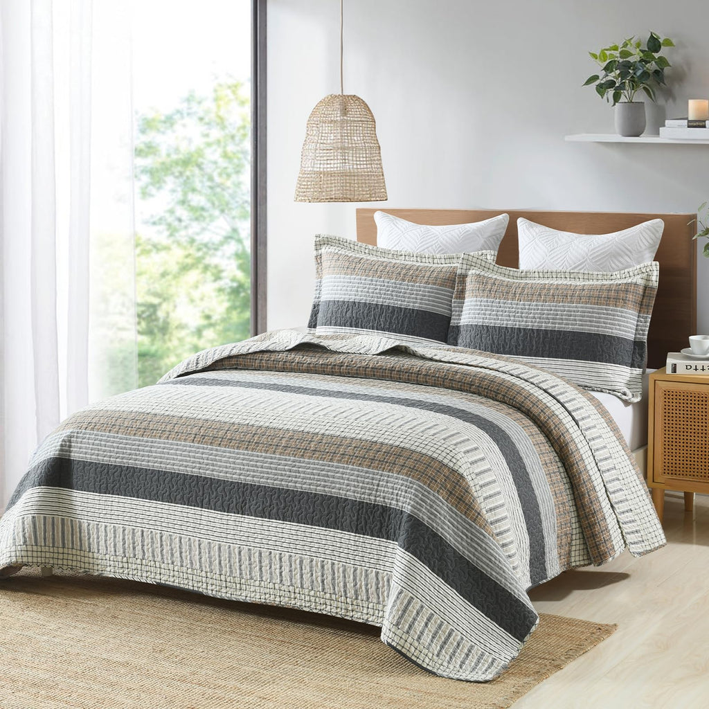 100% Cotton Quilt Set Quilt Bedding Set Bedspreads, Farmhouse Striped Coverlet, Lightweight
