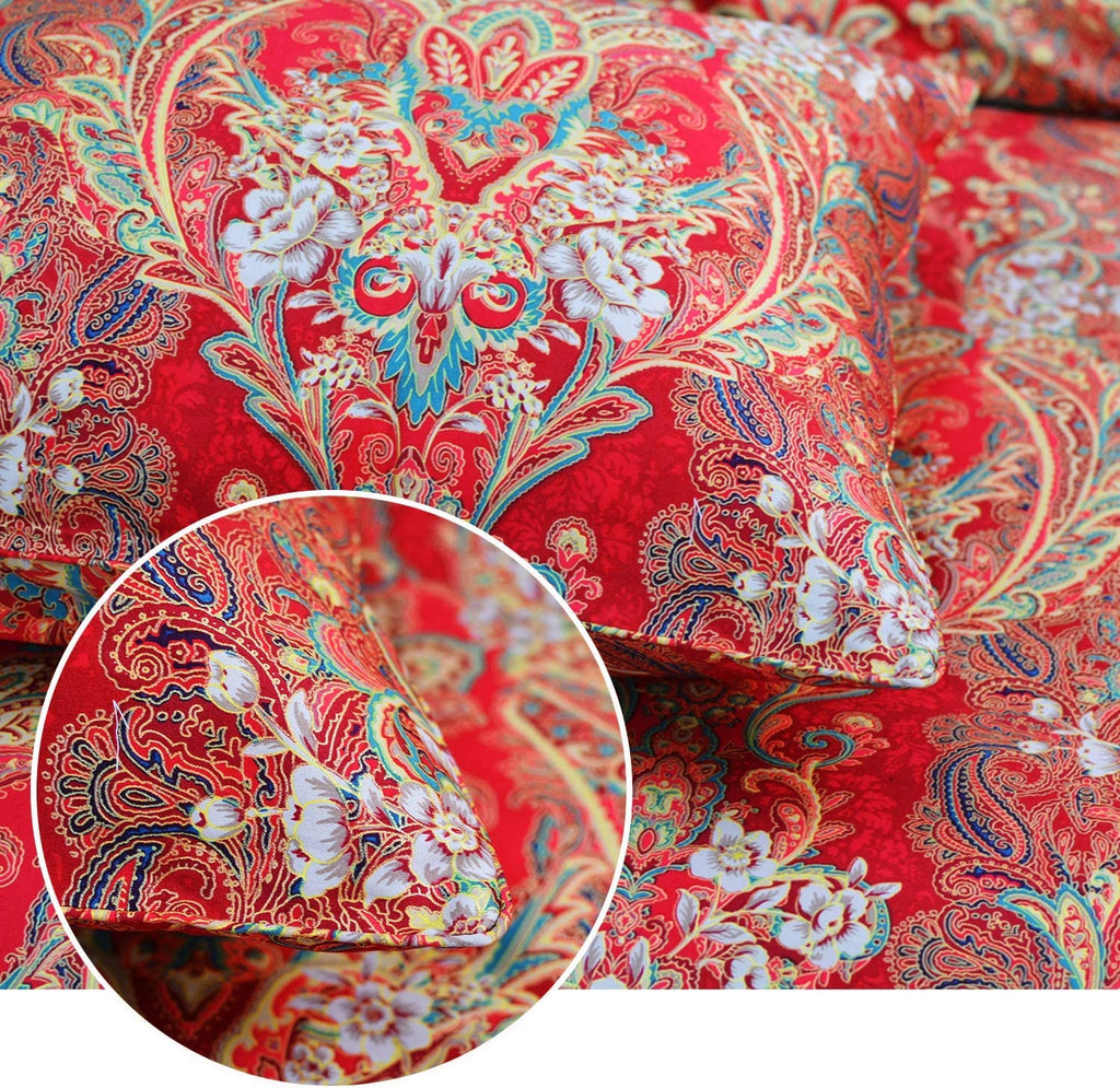 Boho Bedding Sets Cal King Bohemia 3Pcs Damask Duvet Cover Double Side Red Paisley Pattern Bedding 100% Egyptian