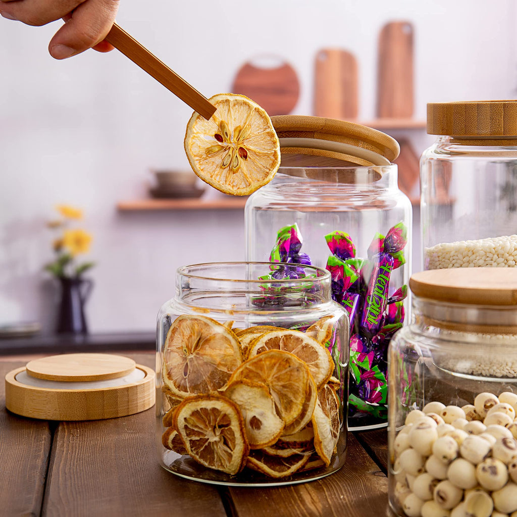 30Oz Clear Cute Glass Storage Canister Holder with Airtight Bamboo Lid, Modern Decorative Medium Container Jar